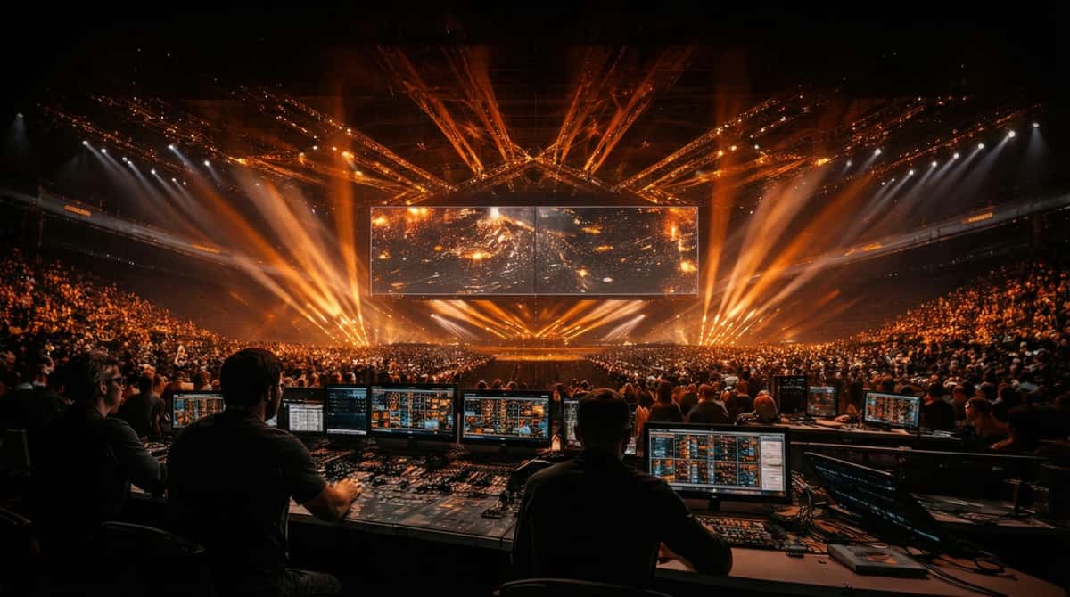 Large-scale corporate live event production with LED stage, lighting design, control room setup, and audience by Outta Time Productions