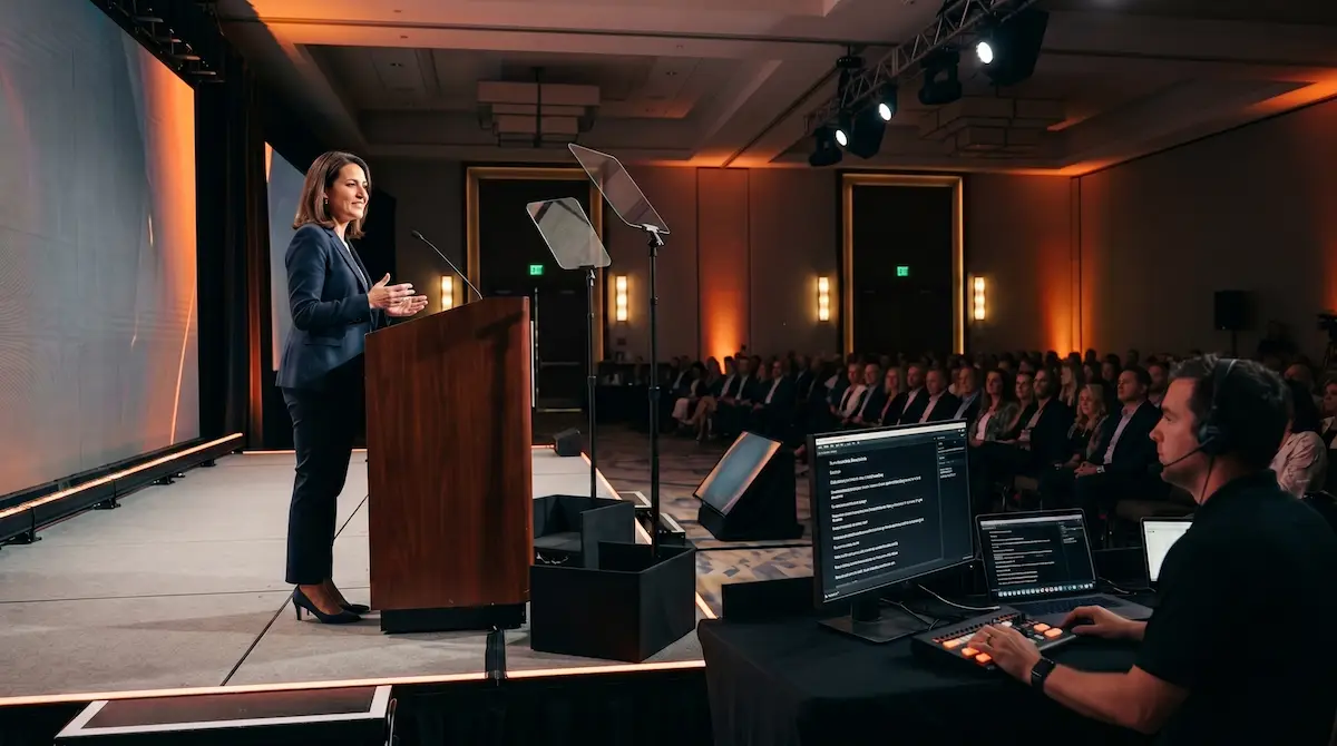 Teleprompter setup supporting a corporate presenter during a live event in Southwest Florida.