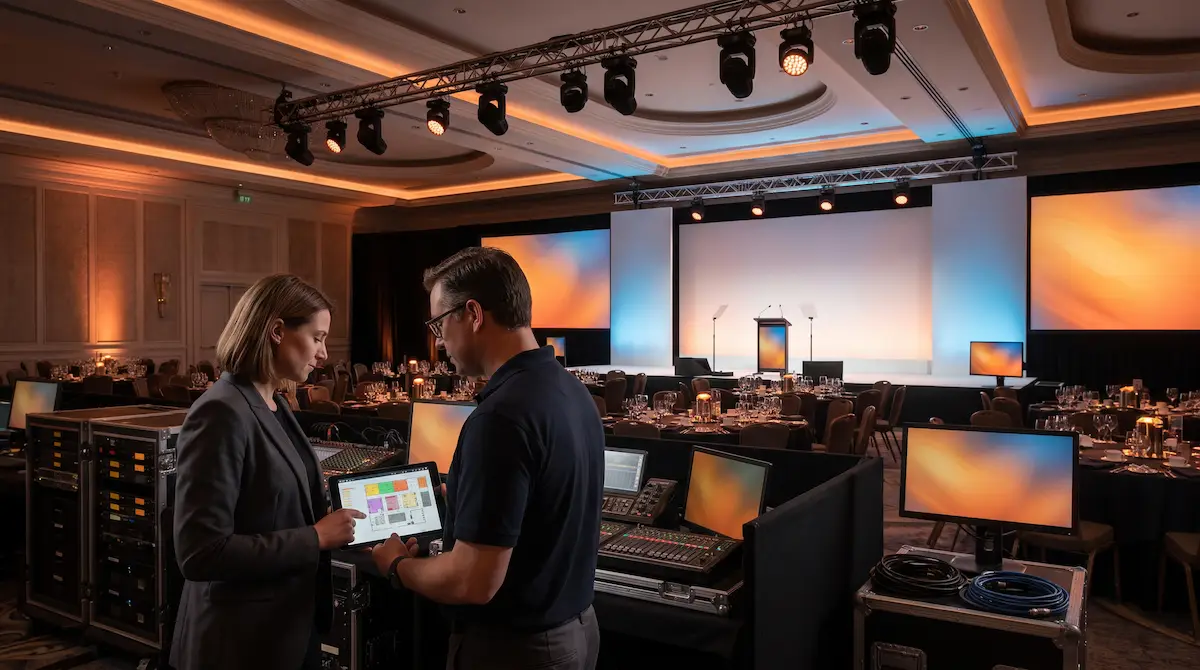 Event planner reviewing hotel ballroom AV setup with an outside production team before a corporate event.