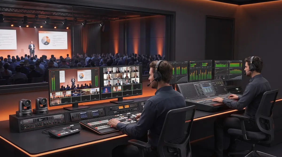 Hybrid event production team monitoring cameras, audio, and remote audience feeds during a corporate event.