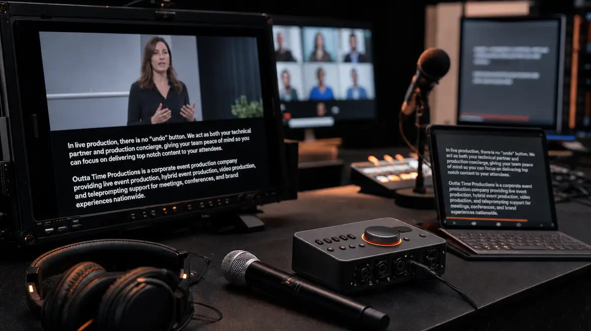 Live captioning displayed on a professional event monitor beside microphones and accessibility technology.