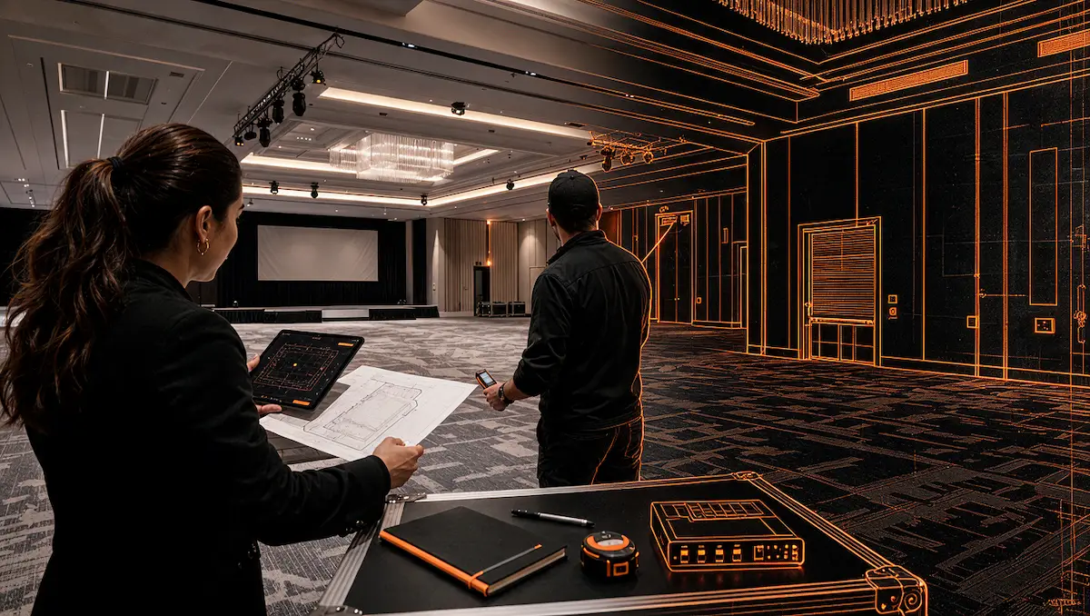 Illustrative event planner reviewing venue production requirements, room diagrams, and technical specifications before signing a contract.