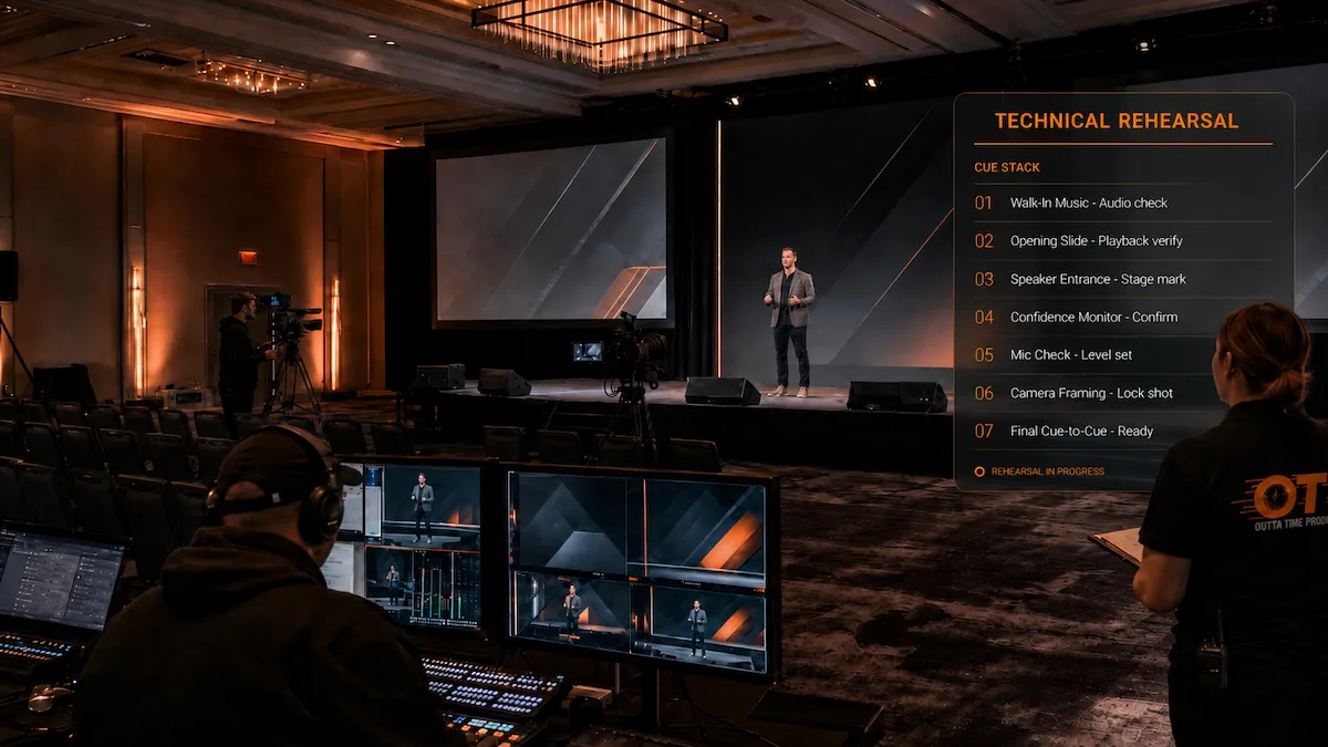 Illustrative corporate event technical rehearsal with a presenter, production crew, cameras, microphones, and presentation screens before attendees arrive.