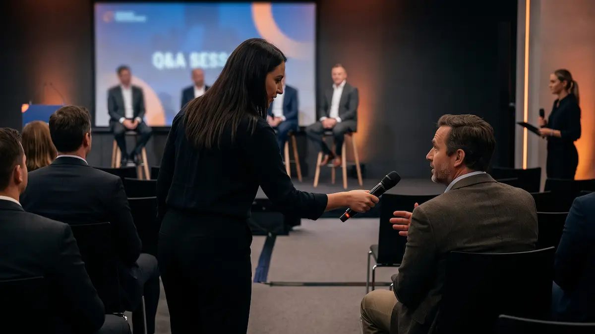Illustrative corporate event audience Q&A with a professional microphone runner supporting an attendee question.