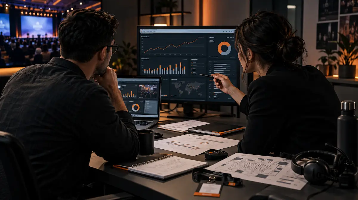 Illustrative post-event review of corporate event attendance, engagement, feedback, and performance data.