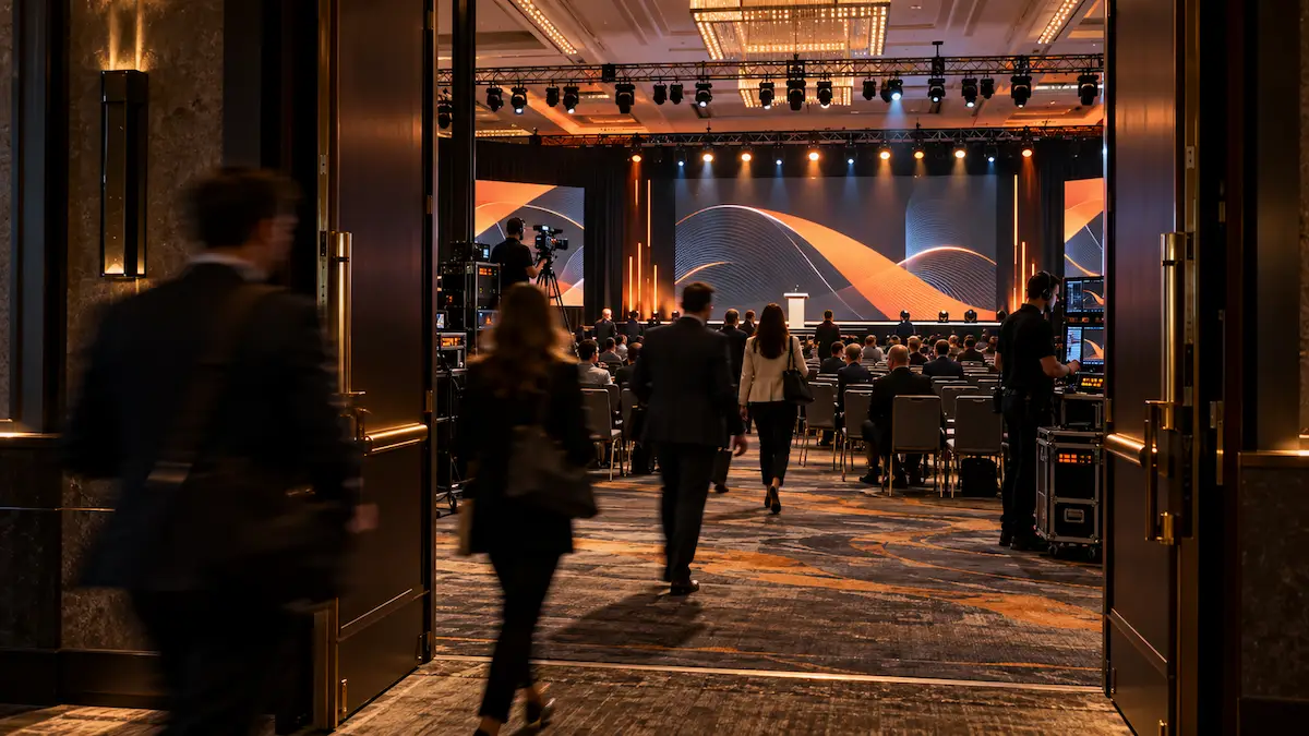 Illustrative corporate event ballroom during pre-show as attendees enter and the stage, screens, and lighting are prepared for the opening session.
