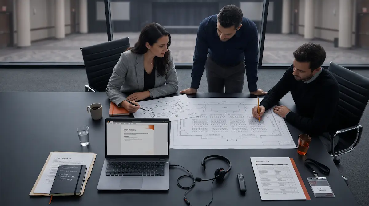 Illustrative corporate event planning session with production professionals reviewing a stage layout, technical requirements, and event proposal before show day.